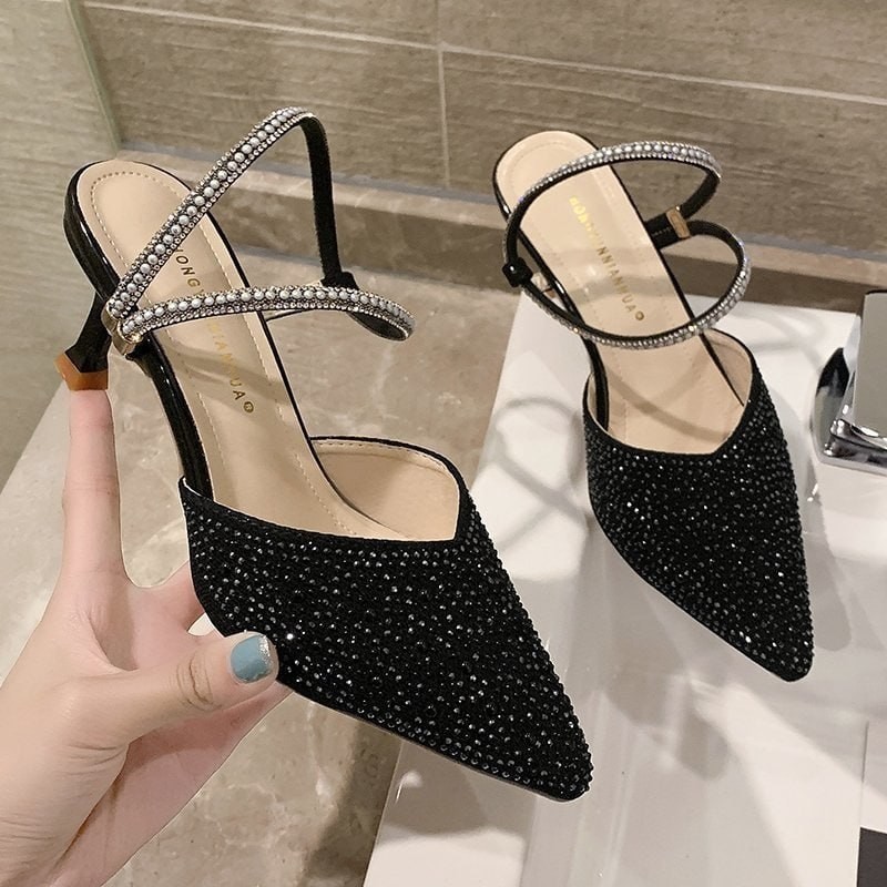 女式闭趾凉鞋 2021 夏季新款水钻尖头两用优雅女士细高跟凉鞋高跟鞋