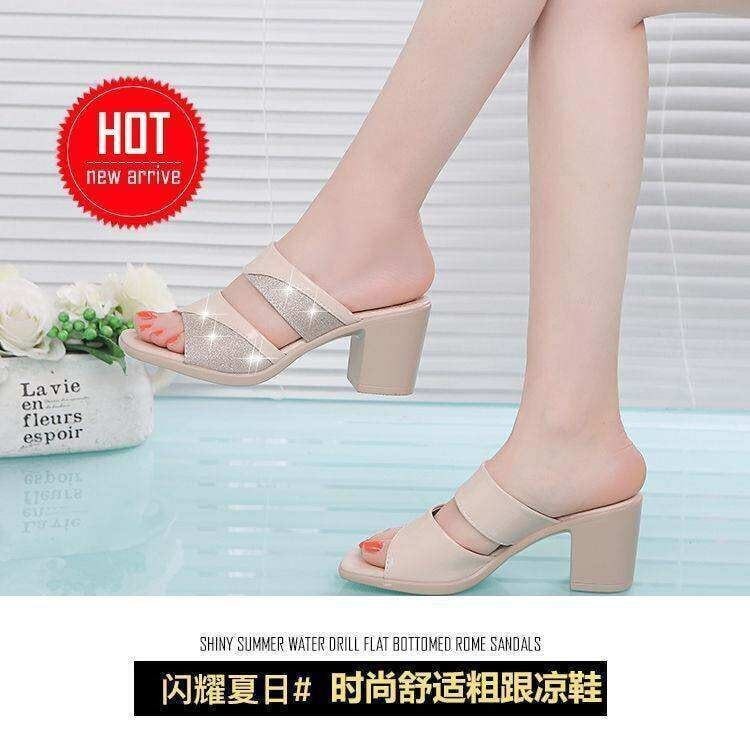 2024新款夏季懒人半拖鞋女鞋凉鞋露趾粗跟百搭时尚拖鞋外穿潮流凉鞋